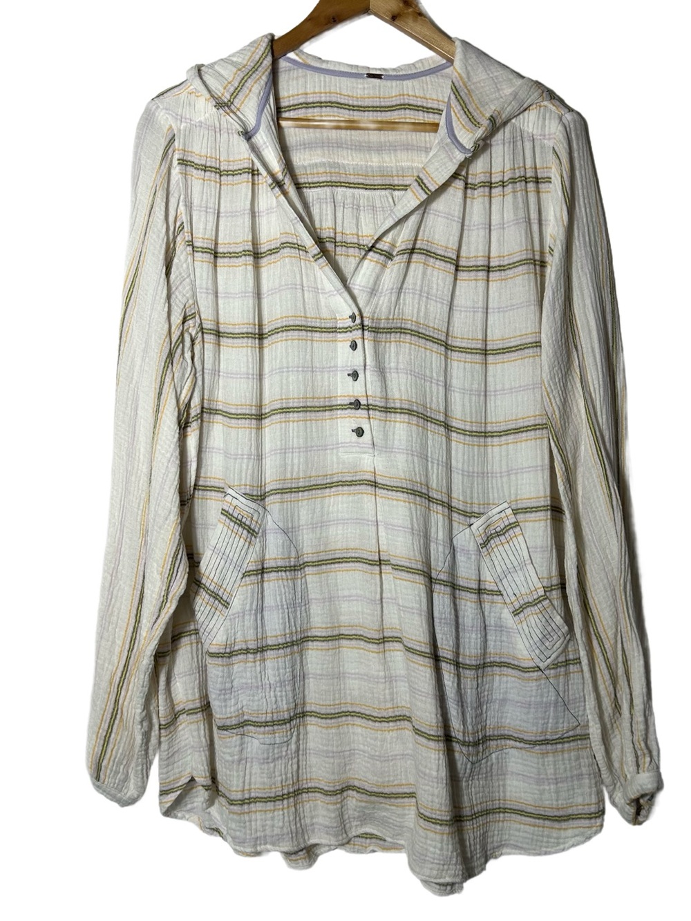 Free‎ People Cream Plaid Hooded Button Tunic Shirt Green Yellow Stripes Sz M